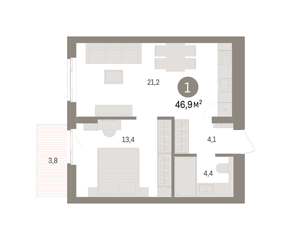 Новая 1-к квартира
 46.92 м² на 5/8 этаже в ЖК «Брусника в Новоселье» в городе Тюмень 