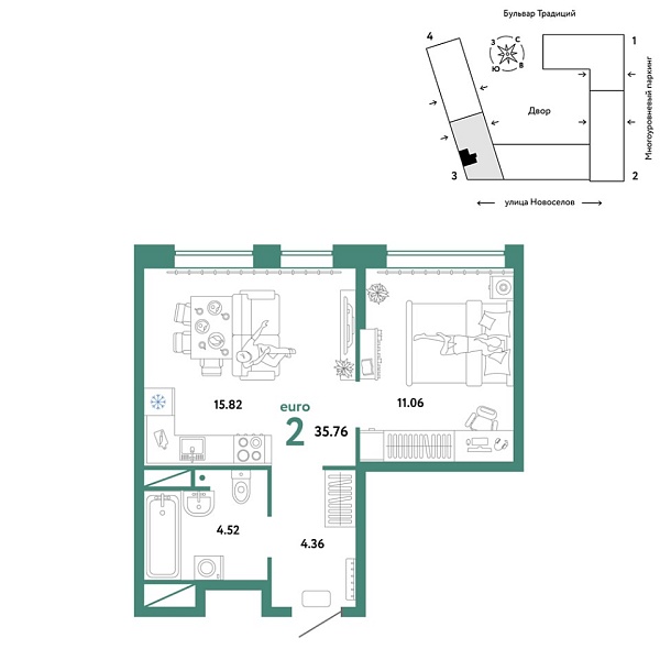 Новая 2-к квартира
 35.76 м² на 13/16 этаже в ЖК «Домашний» в городе Тюмень 