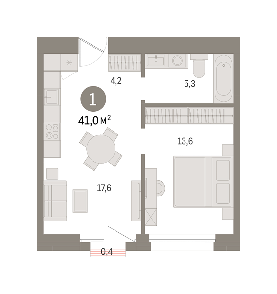 Новая 1-к квартира
 41.04 м² на 9/15 этаже в ЖК «Северный ветер» в городе Тюмень 