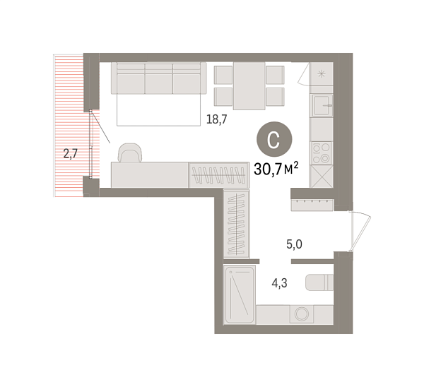 Новая квартира-студия
 30.7 м² на 7/9 этаже в ЖК «Квартал «Траектория»» в городе Тюмень 