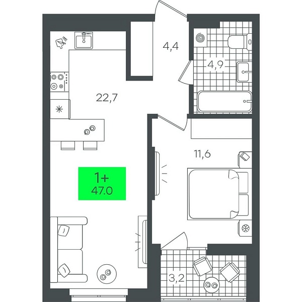 Новая 1-к квартира
 47.04 м² на 8/22 этаже в ЖК «Гранд Квартал» в городе Тюмень 