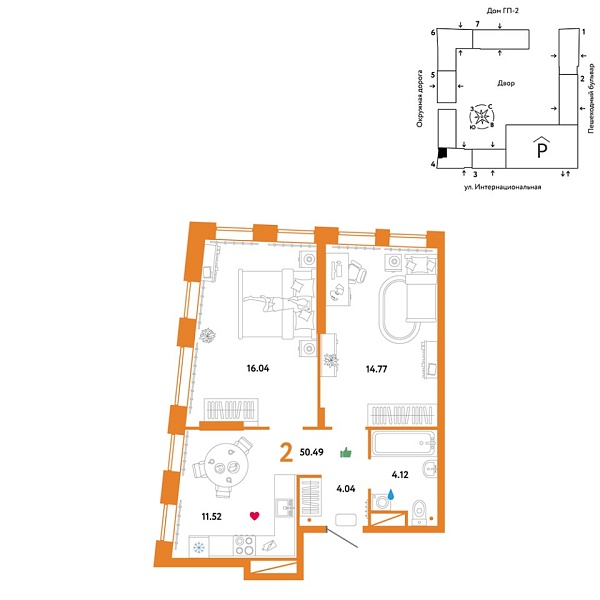 Новая 2-к квартира
 50.49 м² на 10/16 этаже в ЖК «Юнион» в городе Тюмень 