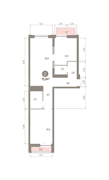 Количество комнат: 2,  71.1 кв.м.