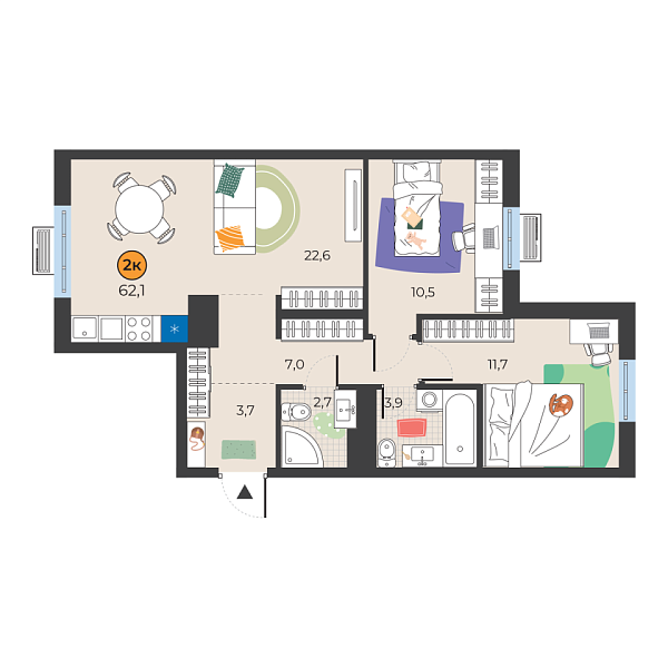Новая 2-к квартира
 62.1 м² на 10/25 этаже в ЖК «Корней» в городе Тюмень 