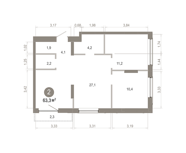 Количество комнат: 2,  63.33 кв.м.