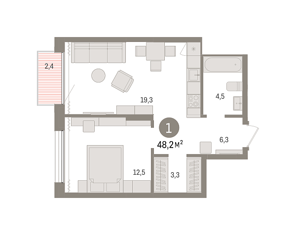 Новая 1-к квартира
 48.16 м² на 14/17 этаже в ЖК «Октябрьский на Туре» в городе Тюмень 