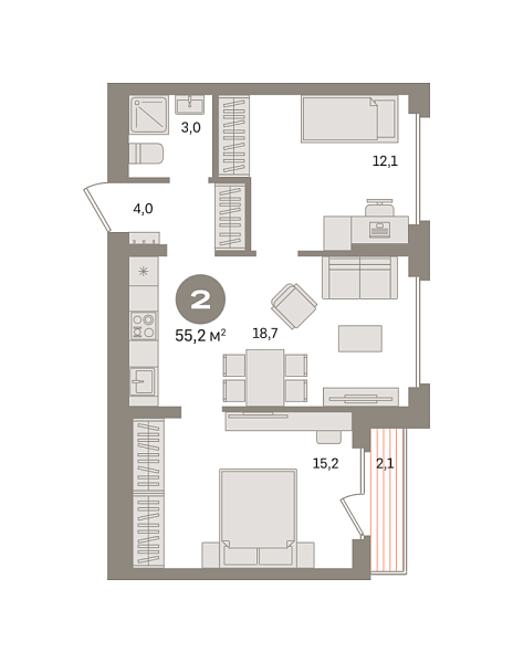 Новая 2-к квартира
 55.16 м² на 8/8 этаже в ЖК «Первый квартал» в городе Тюмень 