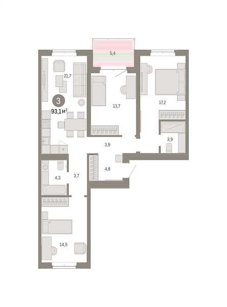 Новая 3-к квартира
 93.05 м² на 5/8 этаже в ЖК «Кварталы «На Минской»» в городе Тюмень 