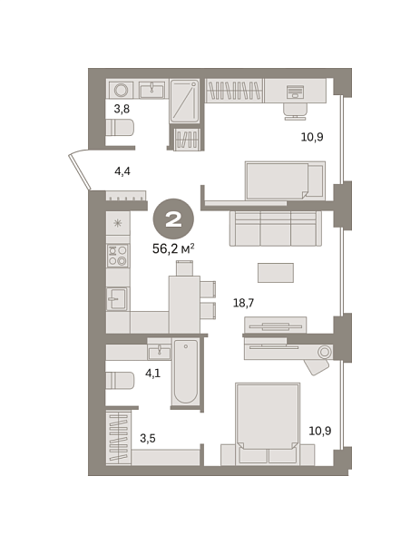 Новая 2-к квартира
 56.21 м² на 2/8 этаже в ЖК «Первый квартал» в городе Тюмень 