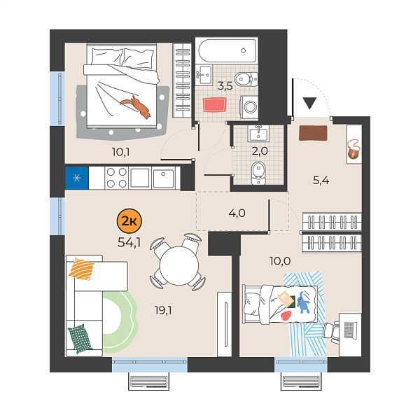 Новая 2-к квартира
 54.1 м² на 11/25 этаже в ЖК «Корней» в городе Тюмень 