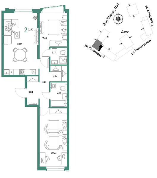 Новая 2-к квартира
 72.7 м² на 4/25 этаже в ЖК «Страна.Парковая» в городе Тюмень 