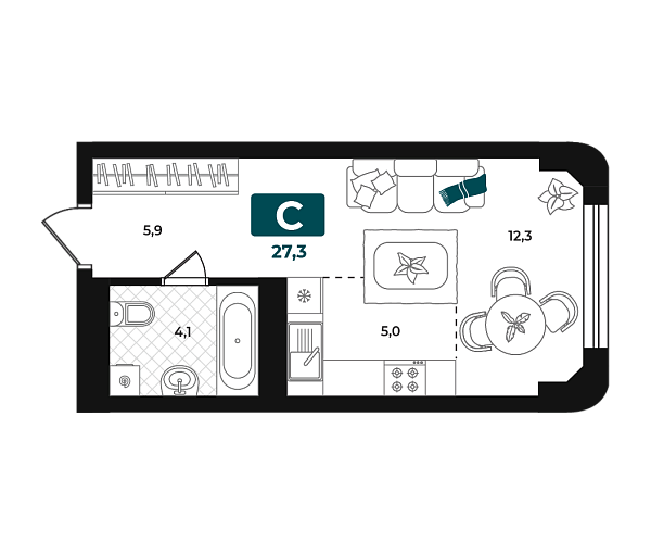 Новая квартира-студия
 27.3 м² на 4/23 этаже в ЖК «Добро» в городе Тюмень 