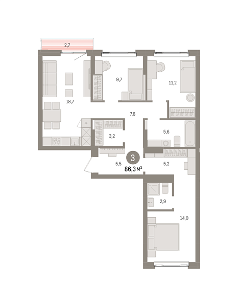 Новая 3-к квартира
 86.3 м² на 5/7 этаже в ЖК «Квартал «Траектория»» в городе Тюмень 