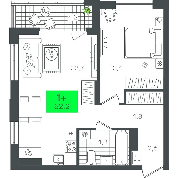 Новая 1-к квартира
 52.21 м² на 7/21 этаже в ЖК «Гранд Квартал» в городе Тюмень 
