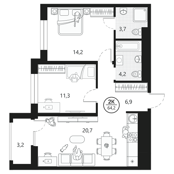 Новая 2-к квартира
 64.2 м² на 2/22 этаже в ЖК «Маэстро» в городе Тюмень 