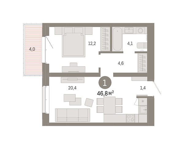 Новая 1-к квартира
 46.76 м² на 5/7 этаже в ЖК «Кварталы «На Минской»» в городе Тюмень 