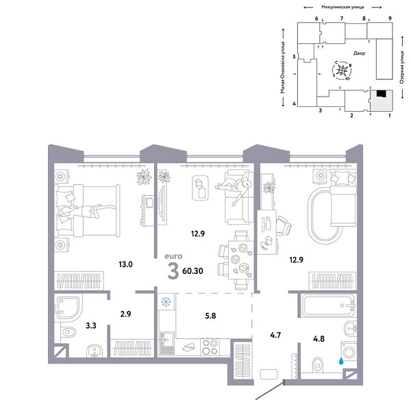 Новая 3-к квартира
 60.3 м² на 27/30 этаже в ЖК «Страна.Озёрная» в городе Тюмень 