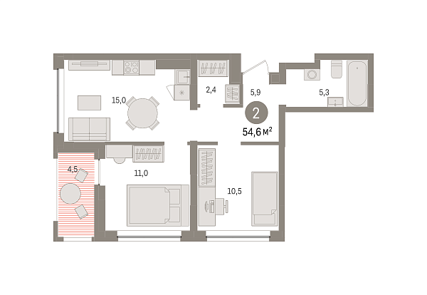 Новая 2-к квартира
 54.64 м² на 7/8 этаже в ЖК «Европейский квартал» в городе Тюмень 
