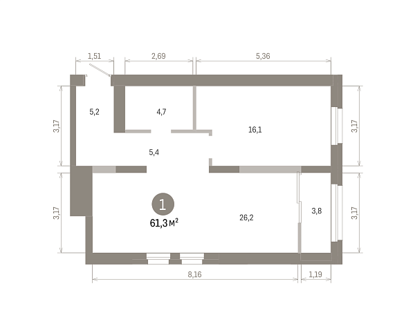 Количество комнат: 1,  61.26 кв.м.