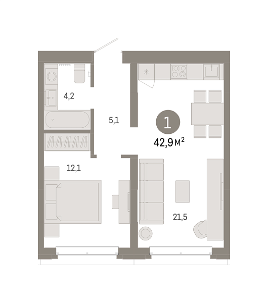 Новая 1-к квартира
 42.87 м² на 2/7 этаже в ЖК «Кварталы «На Минской»» в городе Тюмень 