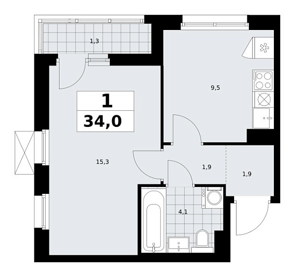 Новая 1-к квартира
 34 м² на 4/13 этаже в ЖК «Прокшино» в городе Тюмень 