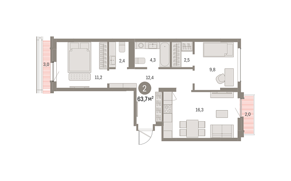 Новая 2-к квартира
 63.73 м² на 8/9 этаже в ЖК «Брусника в Академическом» в городе Тюмень 