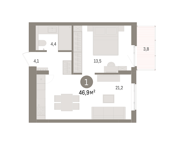 Новая 1-к квартира
 46.93 м² на 5/9 этаже в ЖК «Брусника в Новоселье» в городе Тюмень 