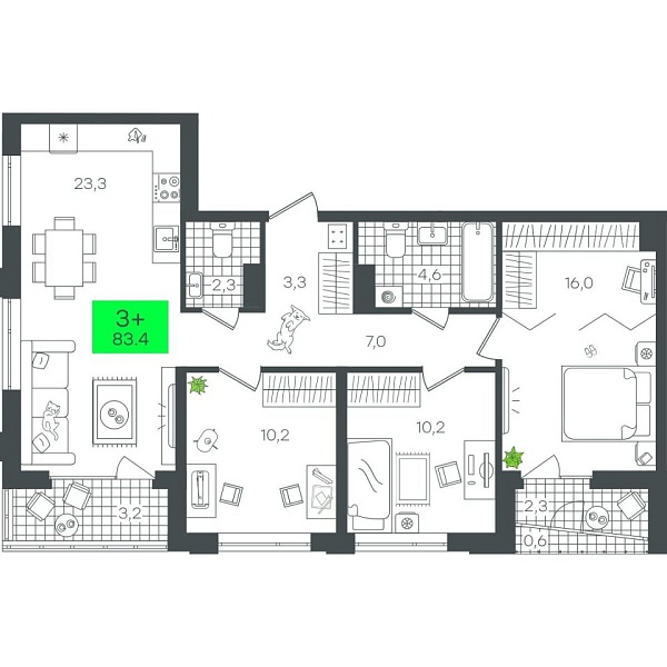 Новая 3-к квартира
 83.46 м² на 8/21 этаже в ЖК «Гранд Квартал» в городе Тюмень 
