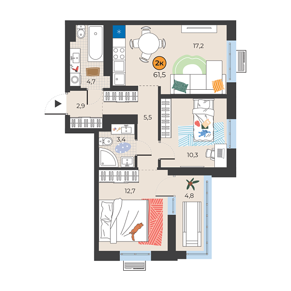 Новая 2-к квартира
 58.1 м² на 6/25 этаже в ЖК «Корней» в городе Тюмень 