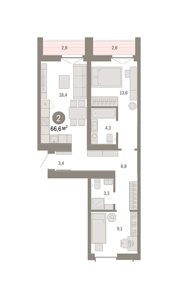 Новая 2-к квартира
 66.56 м² на 4/8 этаже в ЖК «Республики 205» в городе Тюмень 