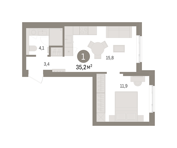 Новая 1-к квартира
 35.21 м² на 4/8 этаже в ЖК «Брусника в Новоселье» в городе Тюмень 