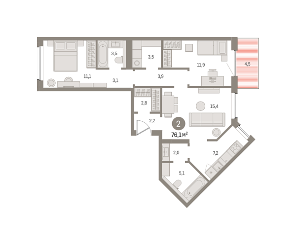 Новая 2-к квартира
 75.82 м² на 6/8 этаже в ЖК «Северный ветер» в городе Тюмень 