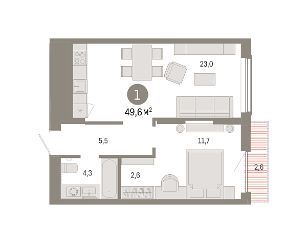 Новая 1-к квартира
 49.59 м² на 7/17 этаже в ЖК «Октябрьский на Туре» в городе Тюмень 