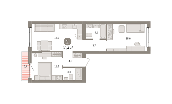 Новая 2-к квартира
 63.4 м² на 5/7 этаже в ЖК «Квартал «Траектория»» в городе Тюмень 