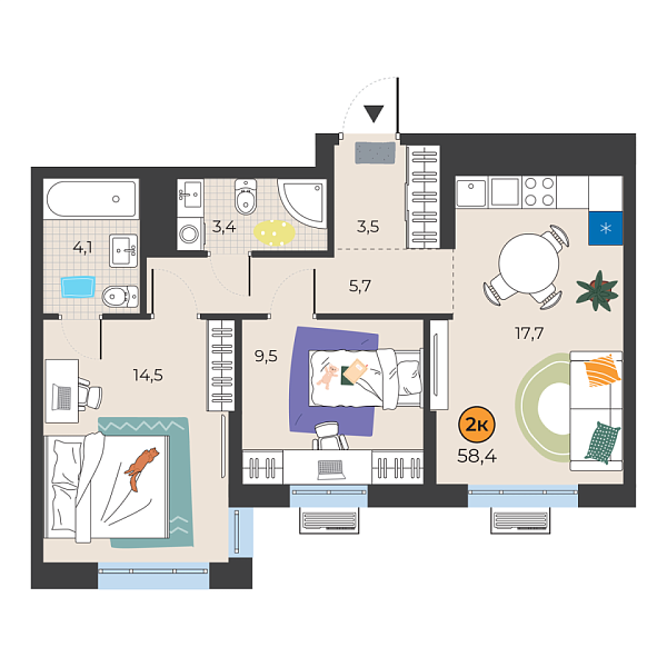 Новая 2-к квартира
 58.4 м² на 10/25 этаже в ЖК «Корней» в городе Тюмень 