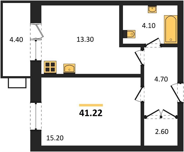 Новая 1-к квартира
 41.22 м² на 4/5 этаже в ЖК «Лермонтов» в городе Тюмень 