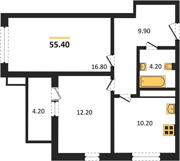 Новая 2-к квартира
 55.4 м² на 16/16 этаже в ЖК «Два Адмирала» в городе Тюмень 