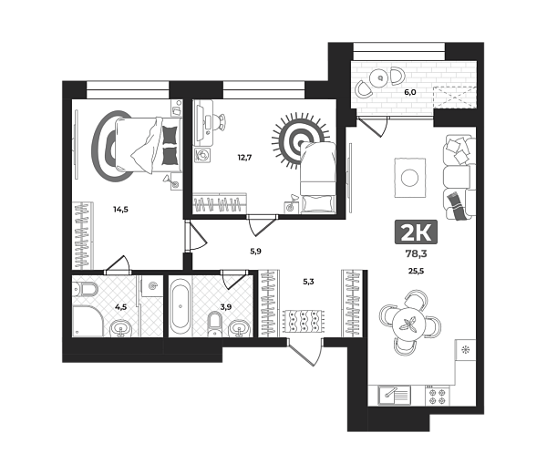 Новая 2-к квартира
 77 м² на 11/22 этаже в ЖК «Маэстро» в городе Тюмень 