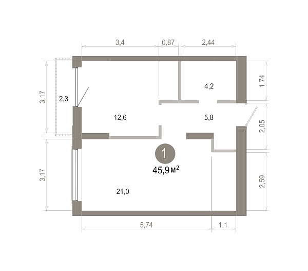 Количество комнат: 1,  45.93 кв.м.