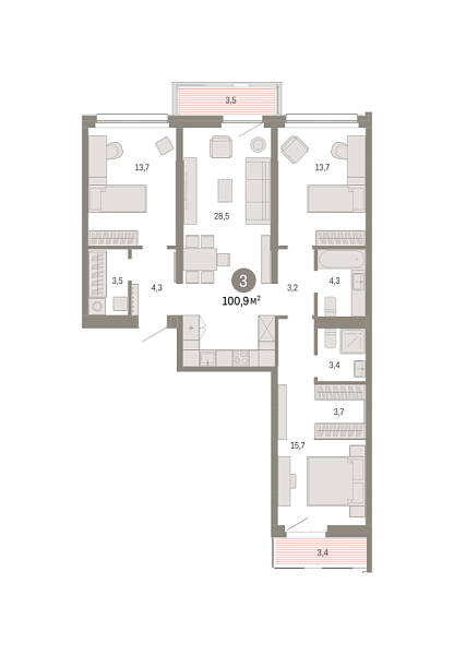 Новая 3-к квартира
 100.9 м² на 5/9 этаже в ЖК «Квартал Нефть» в городе Тюмень 
