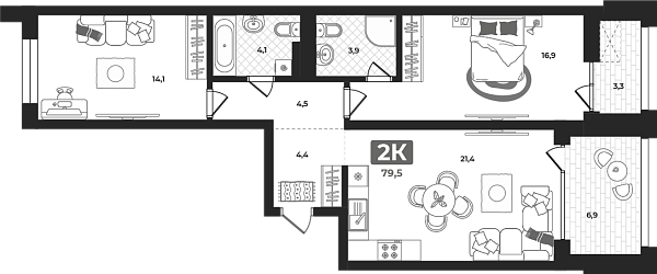 Новая 2-к квартира
 79.5 м² на 7/23 этаже в ЖК «Маэстро» в городе Тюмень 