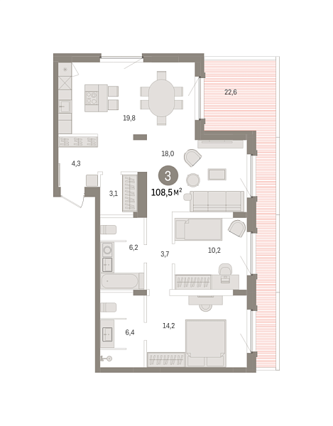 Новая 3-к квартира
 108.51 м² на 16/16 этаже в ЖК «Зарека» в городе Тюмень 
