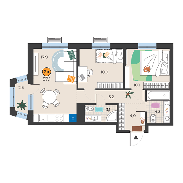 Новая 2-к квартира
 55.4 м² на 15/25 этаже в ЖК «Корней» в городе Тюмень 