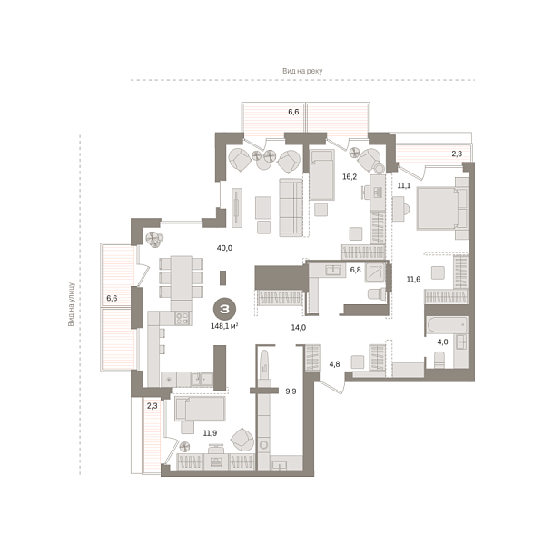 Новая 3-к квартира
 148.08 м² на 24/25 этаже в ЖК «Октябрьский на Туре» в городе Тюмень 