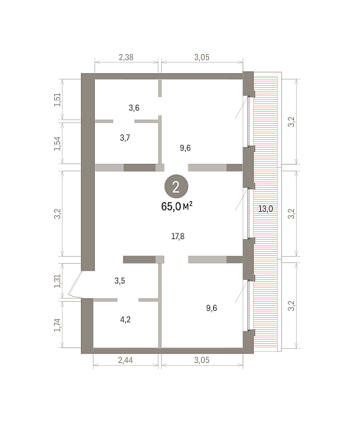 Количество комнат: 2,  65 кв.м.