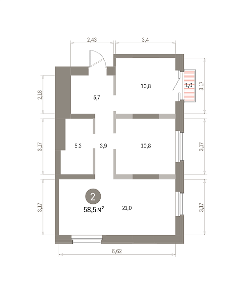 Количество комнат: 2,  58.5 кв.м.