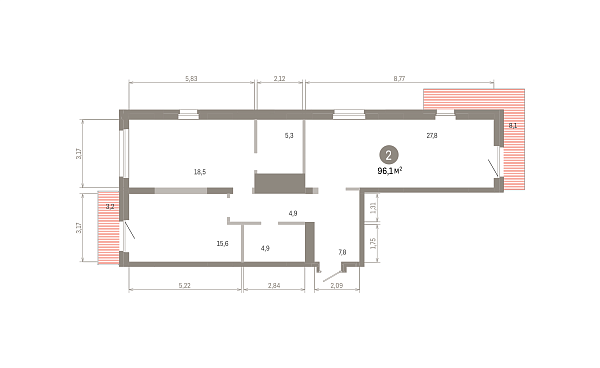 Количество комнат: 2,  96.08 кв.м.