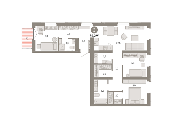 Новая 3-к квартира
 88.95 м² на 5/7 этаже в ЖК «Республики 205» в городе Тюмень 