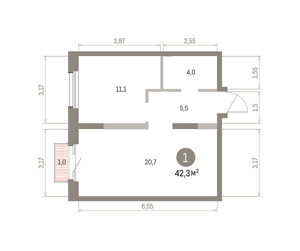 Количество комнат: 1,  42.3 кв.м.