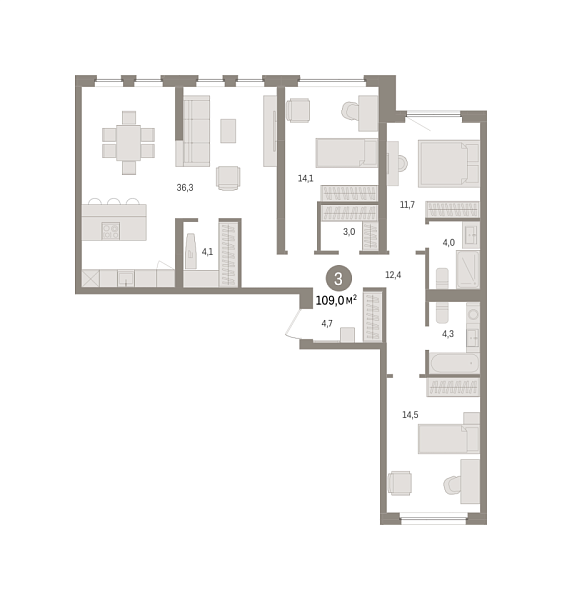 Новая 3-к квартира
 109 м² на 7/8 этаже в ЖК «Зарека» в городе Тюмень 